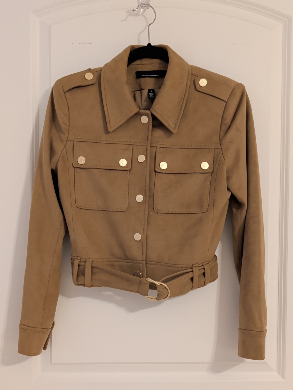White House Black Market Camel Belted Faux Suede Moto Jacket w/Gold-Tone Buttons